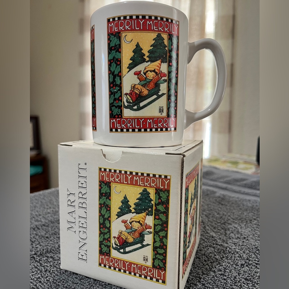 NEW in box Mary Engelbreit Merrily Merrily Mug - Red, Green, White